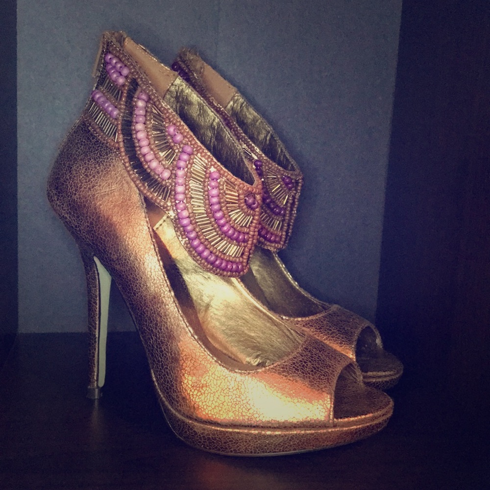 Beautiful bronze beaded cuff peep toe heels 😍